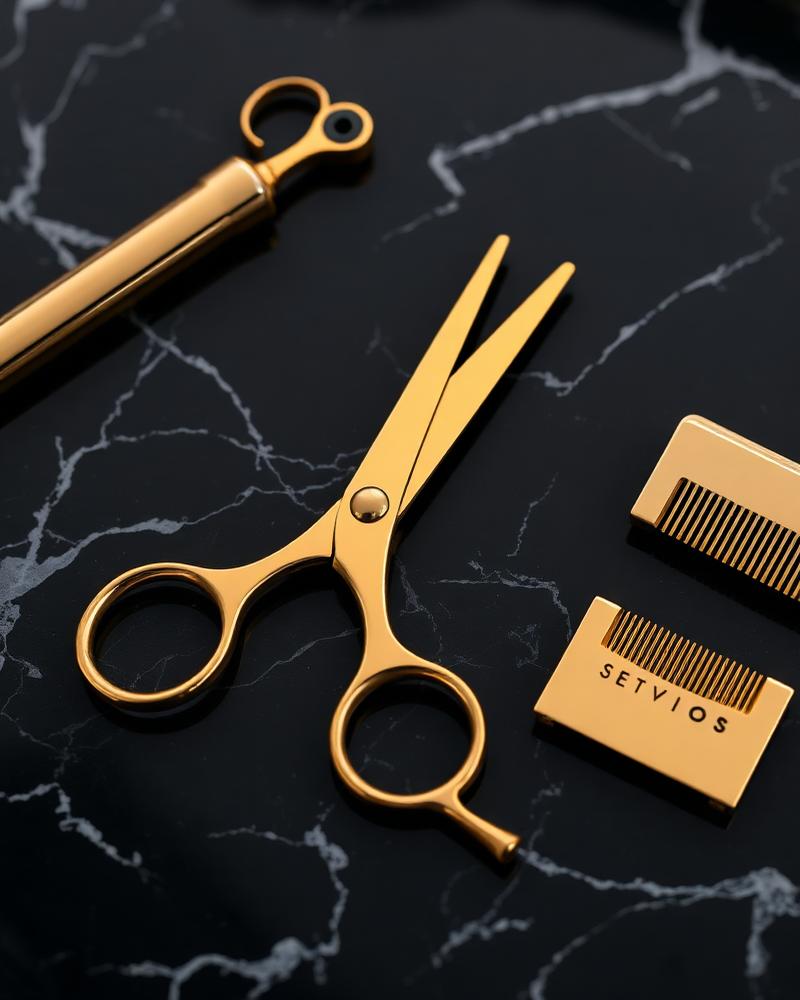 Ferramentas de barbearia douradas sobre mármore preto